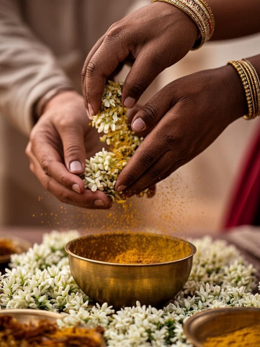 Hands sprinkling golden turmeric petals over a brass bowl