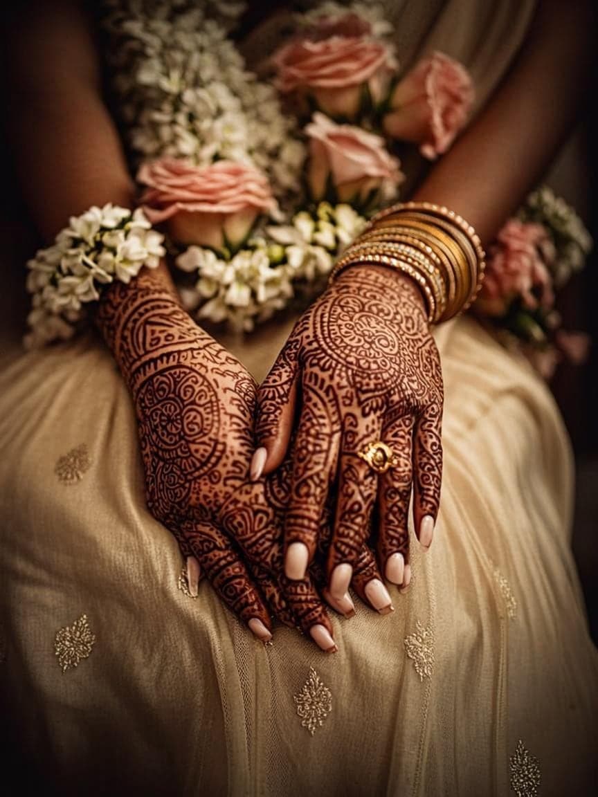 Bride’s hands adorned with intricate henna mehendi on cream silk