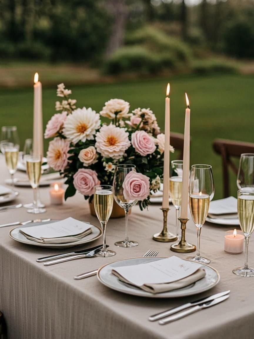 Reception table with ivory linen, taper candles and blush florals