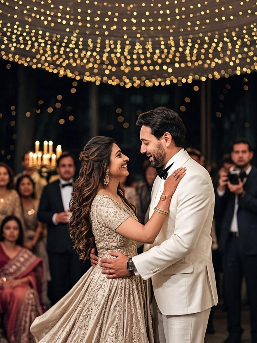 The couple dancing under warm string lights at the sangeet
