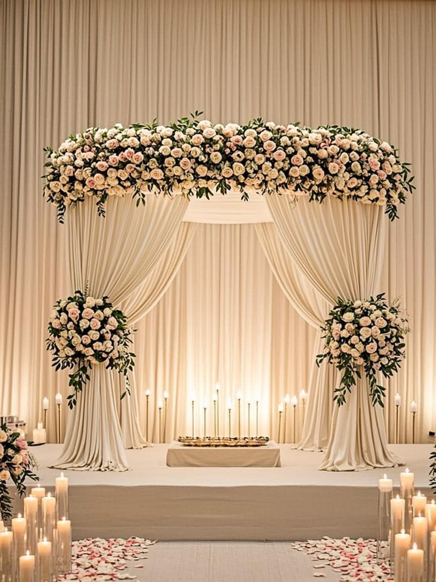 Wedding mandap with cream roses, ivory drapes and candlelight