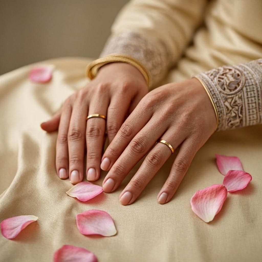 Close-up of Aarav and Ananya’s hands with gold rings on cream silk