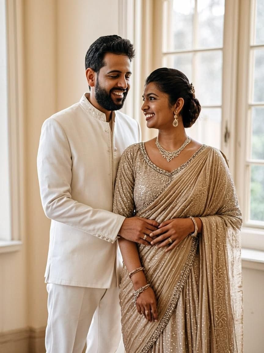 Aarav and Ananya in an editorial portrait, dressed in ivory and champagne wedding attire