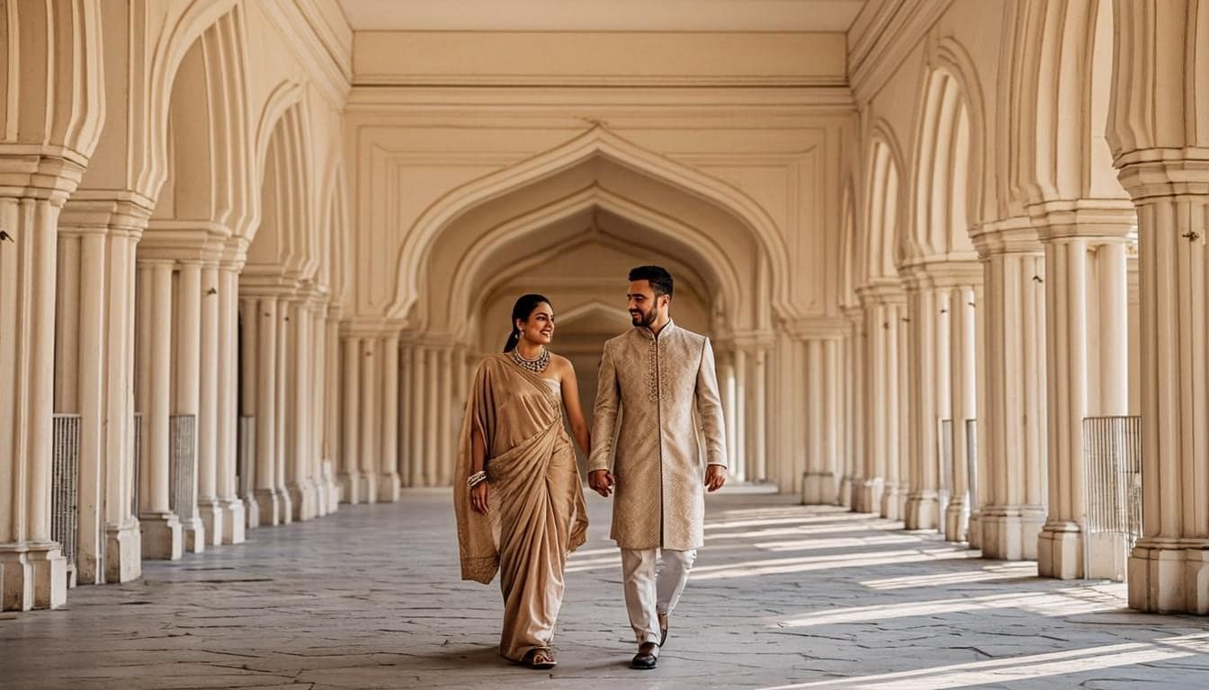 Aarav and Ananya walking hand in hand through a palace corridor of ivory arches