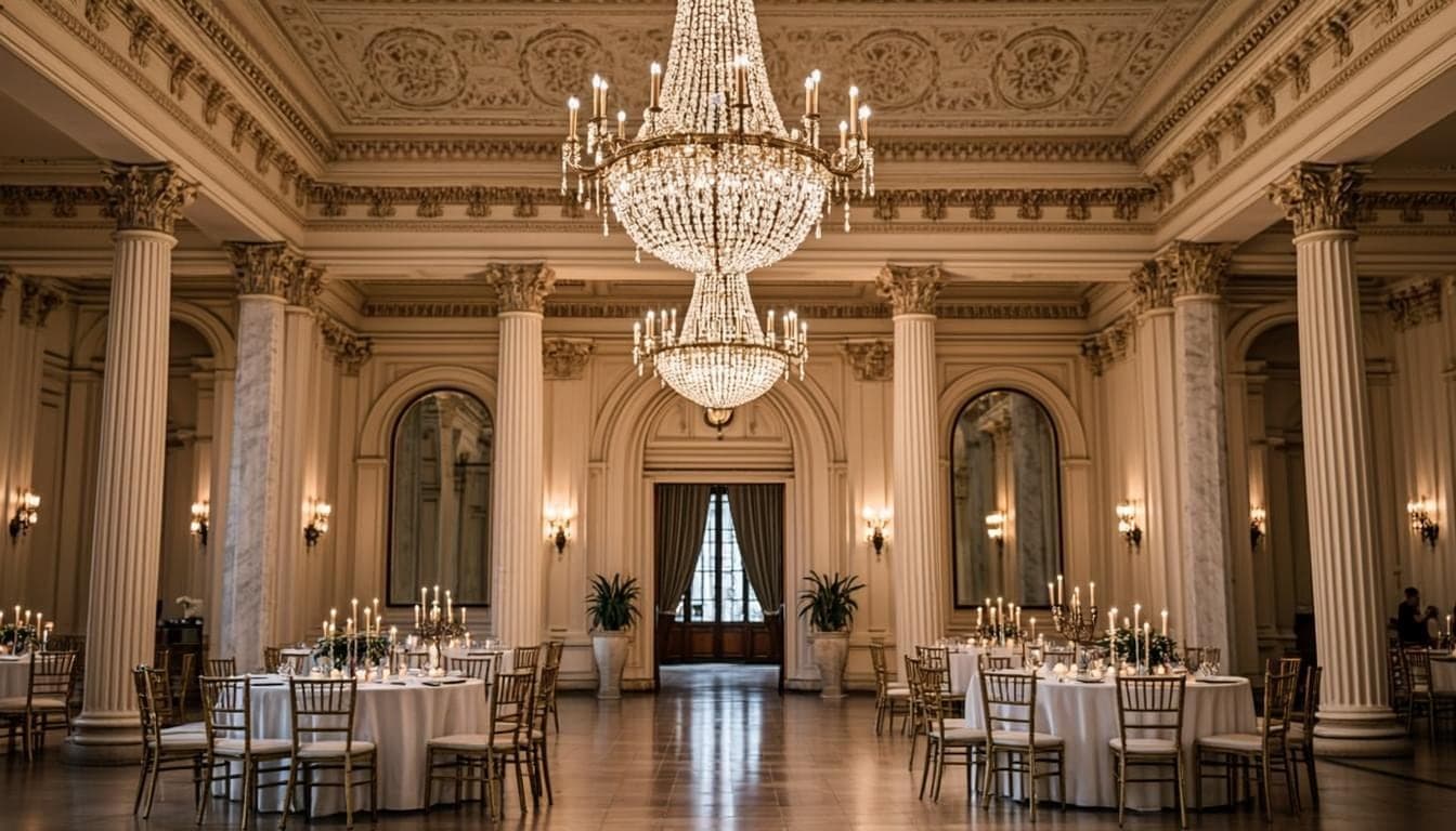 Crystal chandeliers and candlelight inside the Royal Palace Ballroom