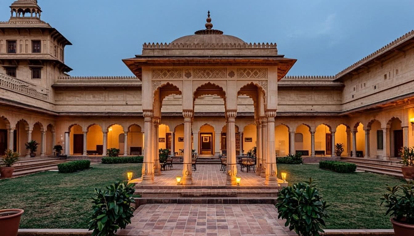 Sandstone archways and manicured gardens of the courtyard at dusk